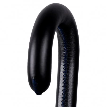Black leather handle with blue stitching