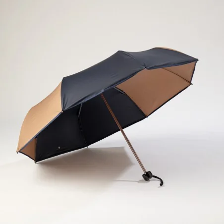 Mini-Regenschirm in Marineblau und Braun, von vorne geöffnet