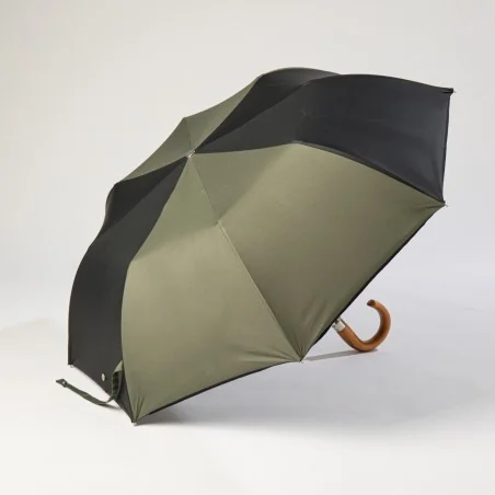 Black and khaki folding umbrella, opens sideways