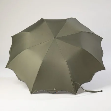Khaki folding umbrella with dots, open