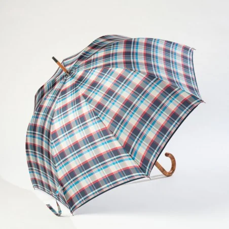 Parapluie Canne Écossais bleu et beige, ouvert de coté