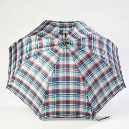 Blue and beige Scottish walking umbrella, open