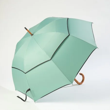Parapluie anti retournement vert d'eau, ouvert de coté