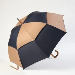 Navy blue and brown windproof umbrella, opens sideways