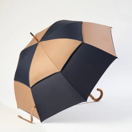 Parapluie anti retournement Bleu Marine et Marron, ouvert de coté