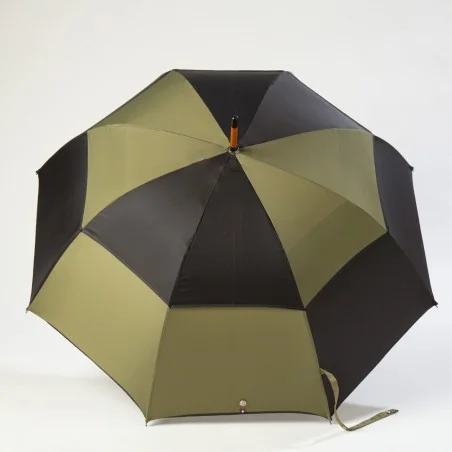 Black and khaki windproof umbrella, open