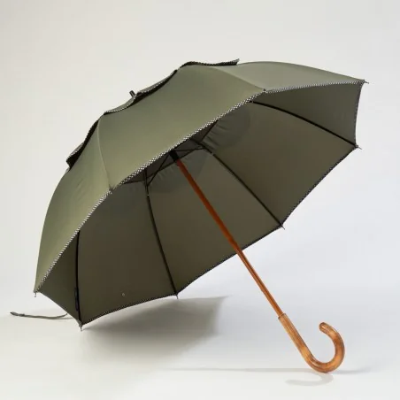 Windproof umbrella in khaki with polka dot biding, front opening