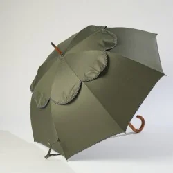 Windproof umbrella in khaki with polka dot biding, side opening