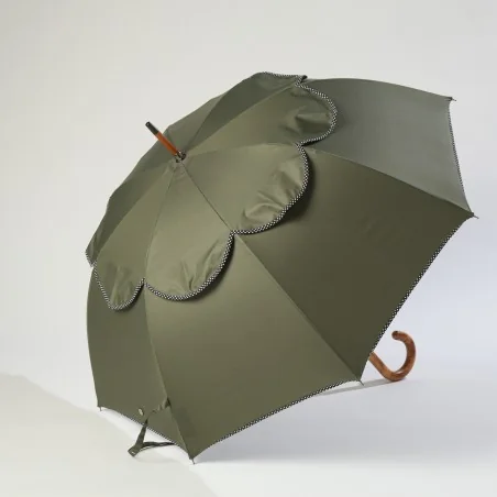 Windproof umbrella in khaki with polka dot biding, side opening