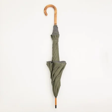 Windproof umbrella in khaki with polka dot biding, closed