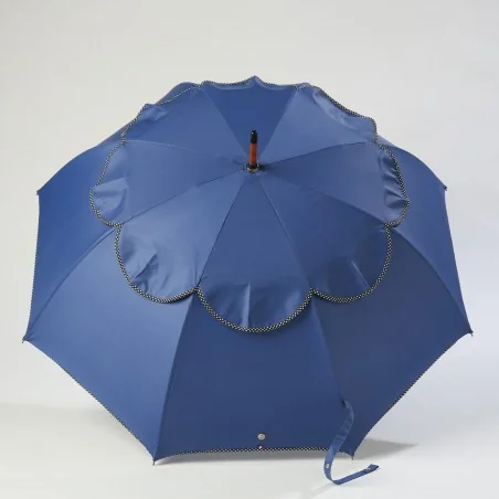 Parapluie anti retournement Bleu de France biais Noir à Pois, ouvert