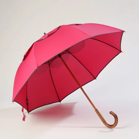 Parapluie anti retournement rose biais gris, ouvert de face