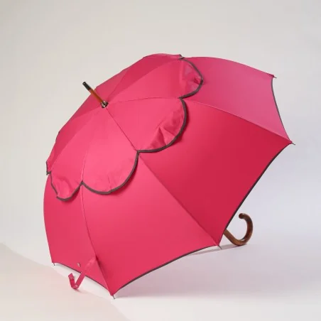 Parapluie anti retournement rose biais gris, ouvert de coté