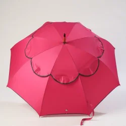 Pink umbrella with grey trim, anti-tilt, open