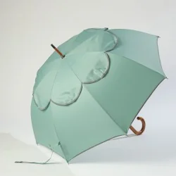 Parapluie anti retournement vert d'eau biais gris, ouvert de coté