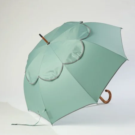 Parapluie anti retournement vert d'eau biais gris, ouvert de coté