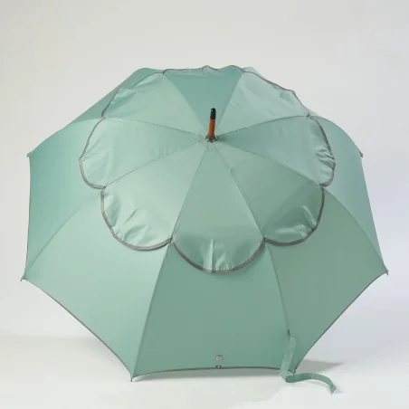 Parapluie anti retournement vert d'eau biais gris, ouvert