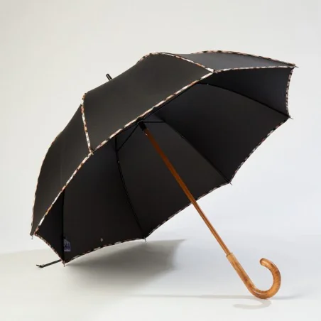 Parapluie Canne Noir gansé d'écossais, ouvert de face
