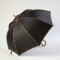 Black walking umbrella with tartan trim, side opening
