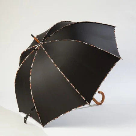 Black walking umbrella with tartan trim, side opening