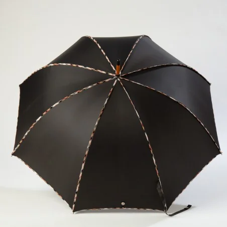 Black walking umbrella with tartan trim, open