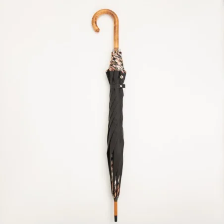 Black walking umbrella with tartan trim, closed