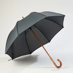 Grey walking umbrella with black trim, front opening