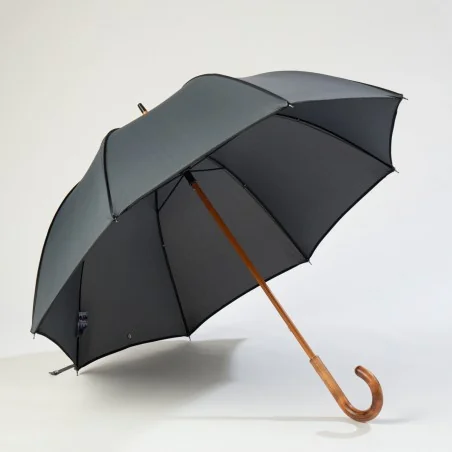 Grey walking umbrella with black trim, front opening