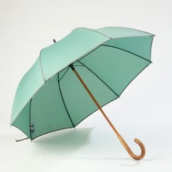 Seafoam green walking umbrella with grey trim, front opening