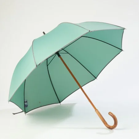 Parapluie Canne Vert d'Eau gansé de gris, ouvert de face