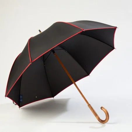 Black walking umbrella with red trim, front opening