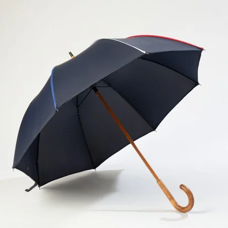 French-style navy blue walking umbrella with piping, front opening