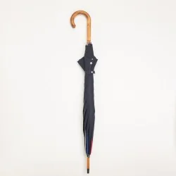 French-style navy blue walking umbrella with piping, closed