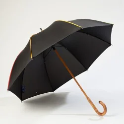 Black walking umbrella with multicoloured trim, front opening