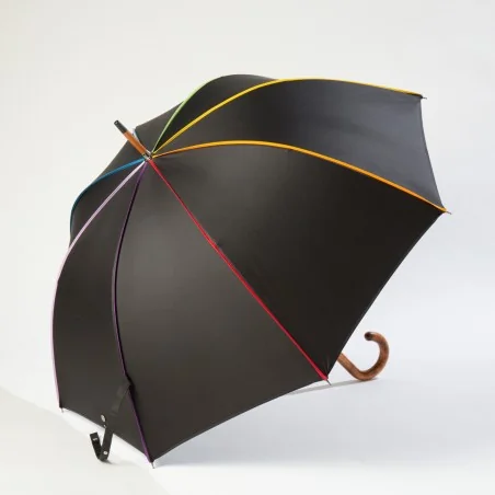 Parapluie Canne Noir gansé Multicolore, ouvert de coté