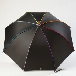 Black walking umbrella with multicoloured trim, open