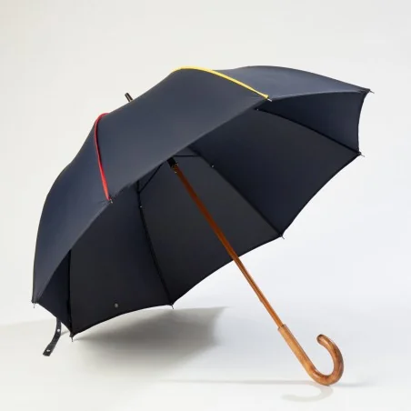 German-made navy blue walking umbrella with piping, opens from the front