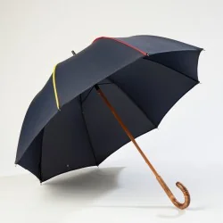 Parapluie Canne Bleu Marine gansé Belge, ouvert de face