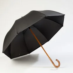 A large black umbrella is open in front.