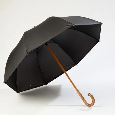 A large black umbrella is open in front.