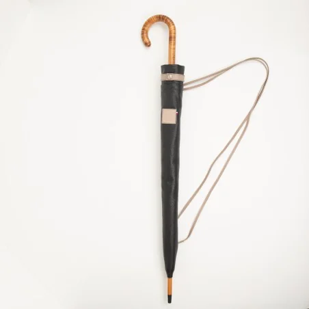 Regenschirm mit Stiel in Ledertasche Schwarz und Taupe