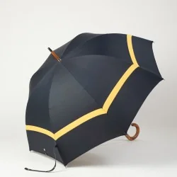 Navy blue and yellow walking umbrella, front opening