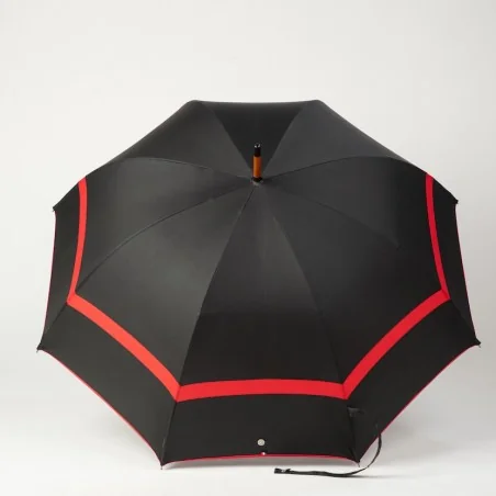 Black and red walking umbrella, open