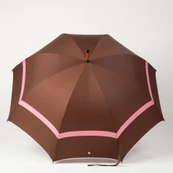Stockschirm in Schokoladenbraun und Rosa, geöffnet