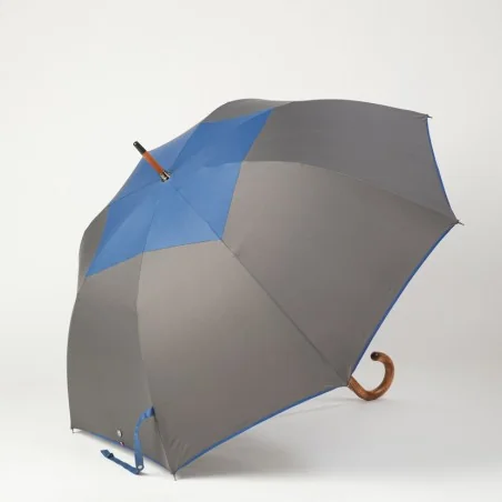 Parapluie canne gris au carré bleu, ouvert de coté