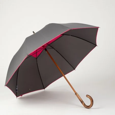 Stockschirm Grau mit rosa Karomuster, von vorne geöffnet
