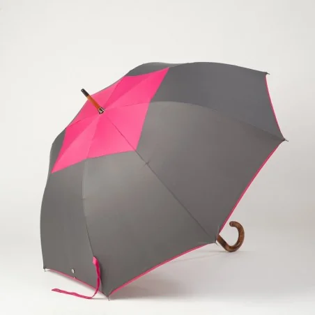 Parapluie canne Gris au carré Rose, ouvert de coté