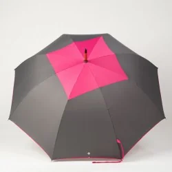 Grey square walking umbrella with pink, open
