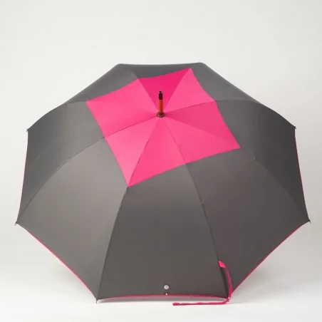Grey square walking umbrella with pink, open
