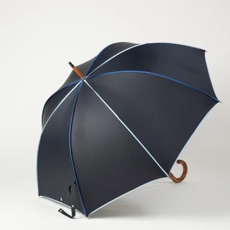 Parapluie canne bleu marine gansé de nuances de bleu, ouvert de coté